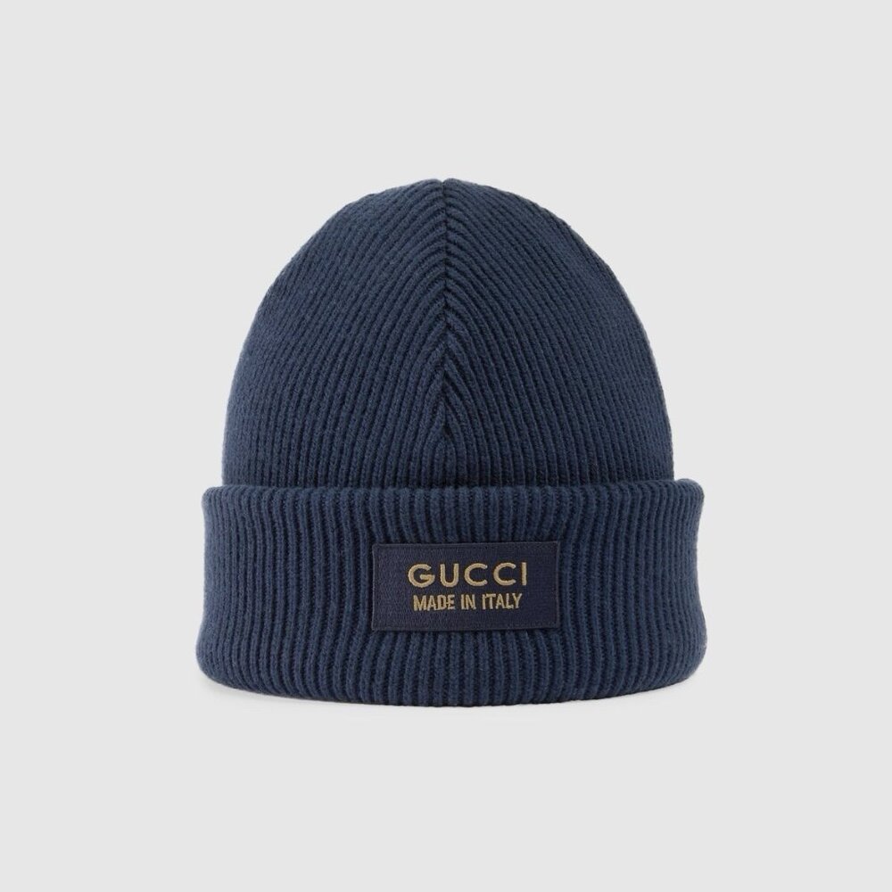 New Authentic Gucci Knit Wool Hat Beanie With Patch Navy Blue Size S Small